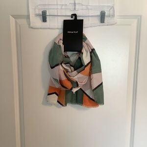 Oblong  Frayed Scarf  69”x20” 84% Polyester 16% Rayon Cream/ Orange/ Pear Green